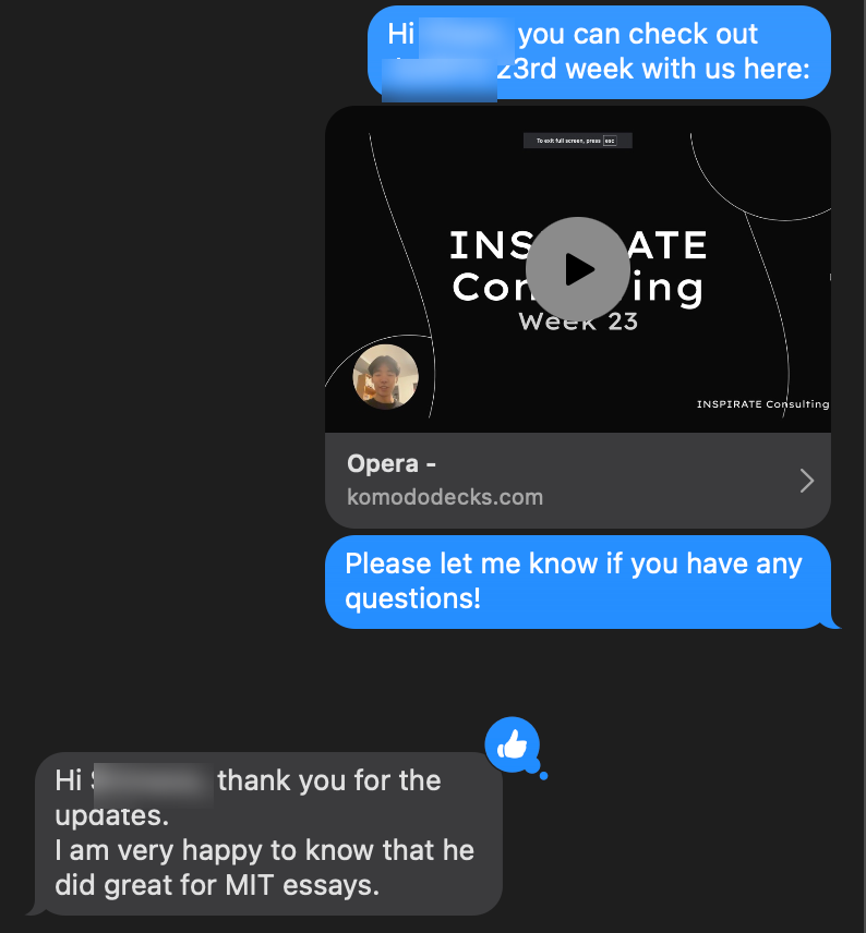 A weekly progress update text thread with a parent thanking the team for the updates